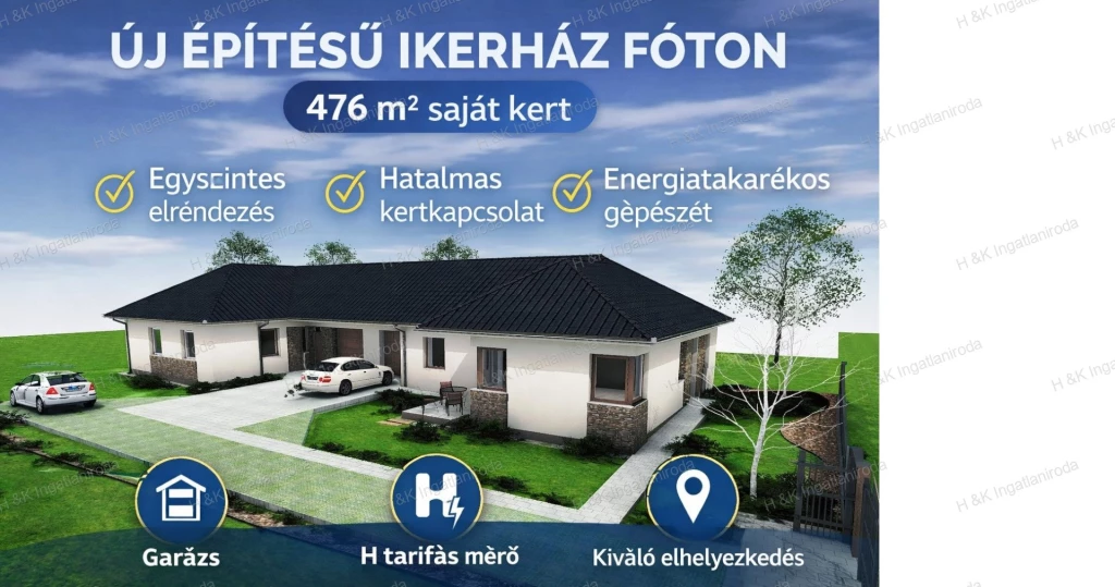 4676/2: Új építésű ikerház Fóton – nappali + 3 háló, garázs, 476 m² saját kert, hőszivattyús fűtéssel