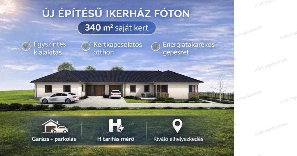 4676/1: Új építésű ikerház Fóton – nappali + 3 háló, garázs, saját kert, hőszivattyús fűtéssel