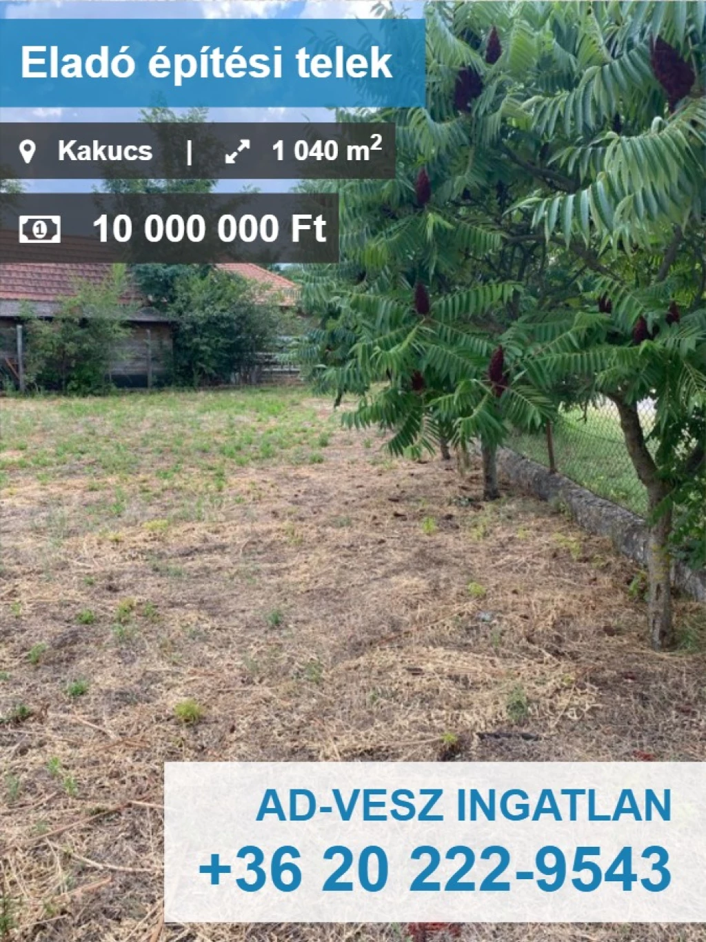 Eladó Kakucson 1040m2-es építési telek