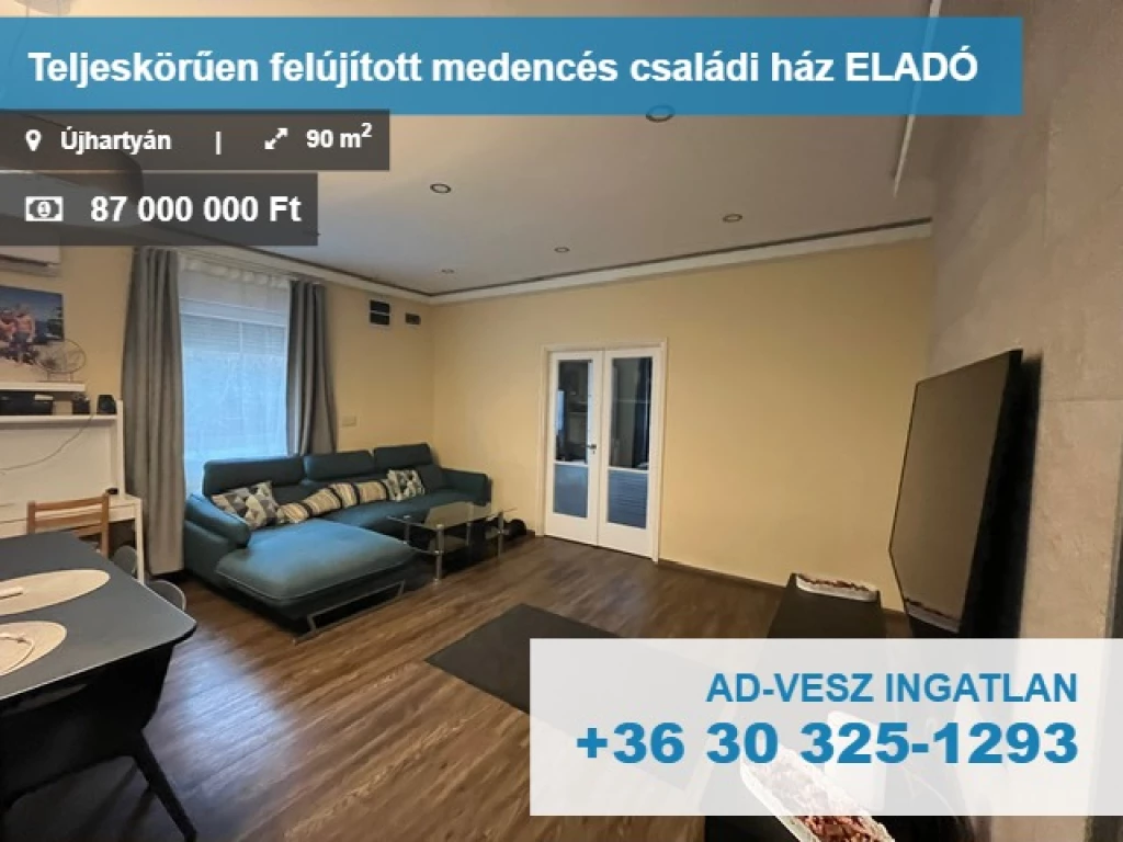 Újhartyánon teljeskörűen felújított medencés családi ház ELADÓ