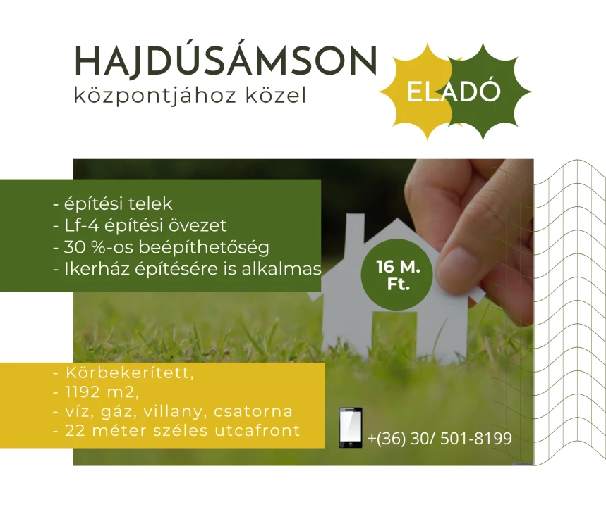 Eladó építési telek, Hajdúsámson