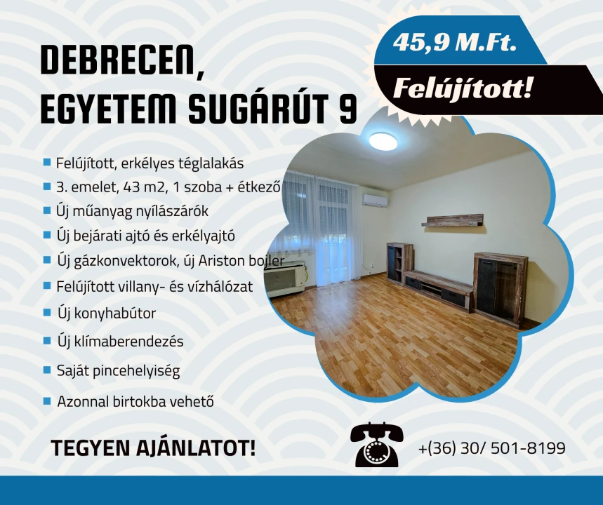 Eladó téglalakás, Debrecen, Egyetem sugárút