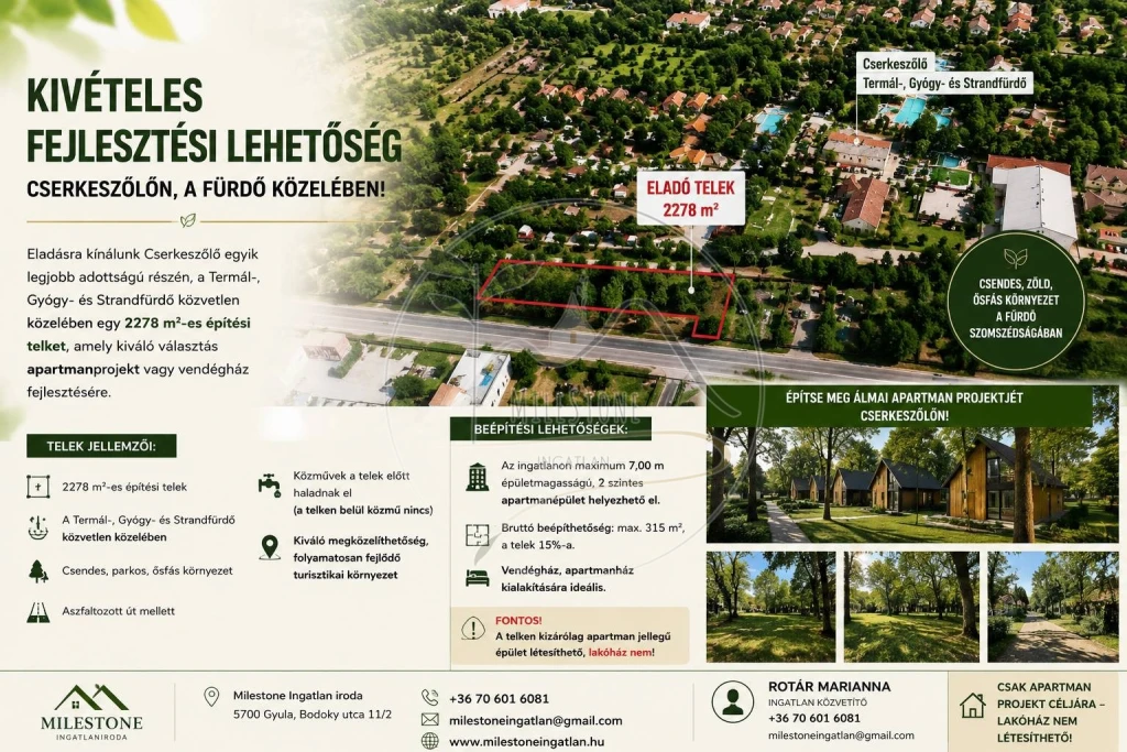 Kivételes befektetési lehetőség Cserkeszőlő szívében – Apartmanprojekt megvalósítására alkalmas építési telek eladó!