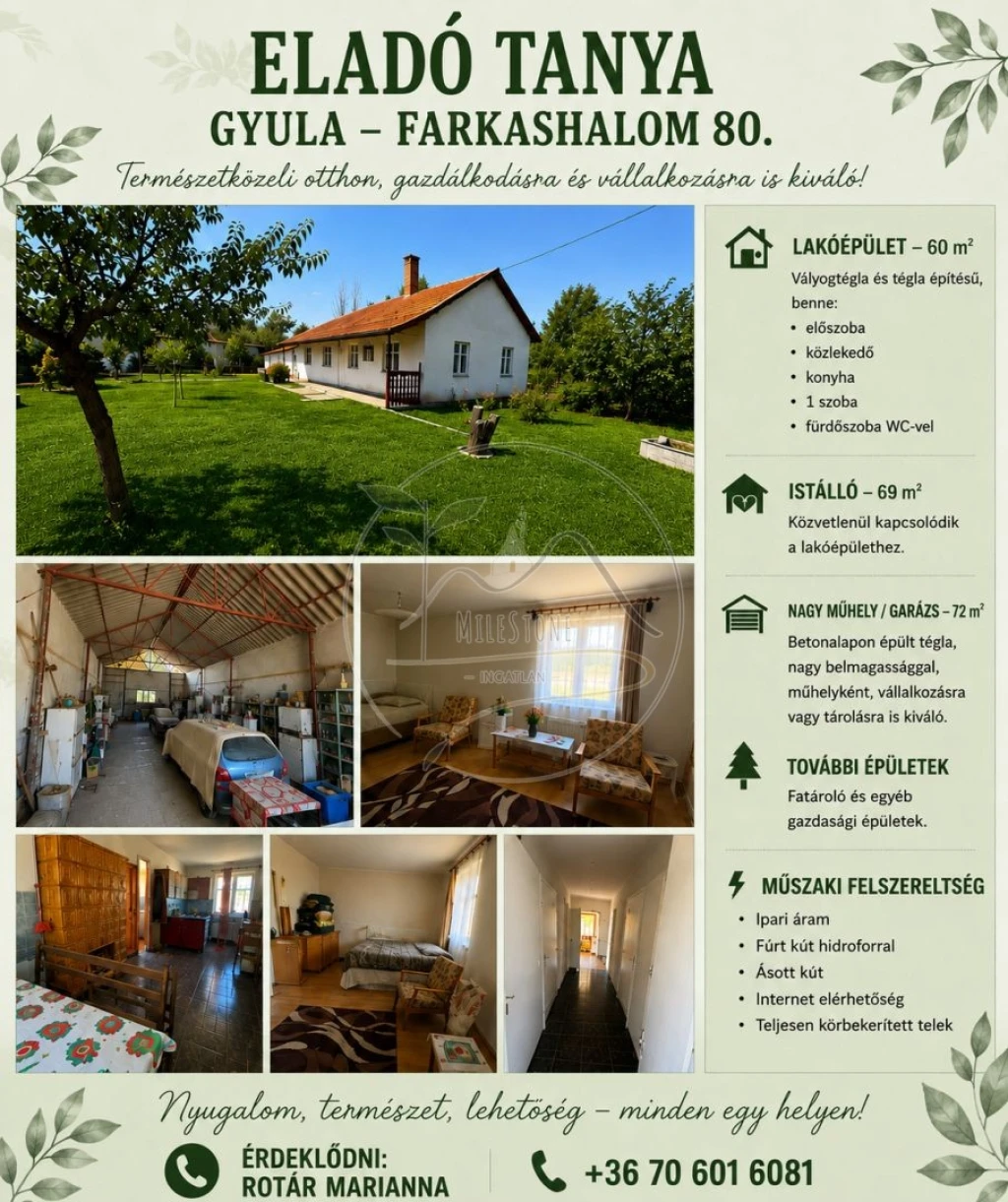 Eladó tanya Gyula – Farkashalom 80. | Természetközeli otthon, gazdálkodásra és vállalkozásra is kiváló!