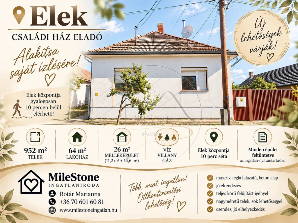 ELADÓ ELEKEN FELÚJÍTANDÓ CSALÁDI HÁZ 952 M2-ES TELKEN – ALAKÍTSA SAJÁT ÍZLÉSÉRE
