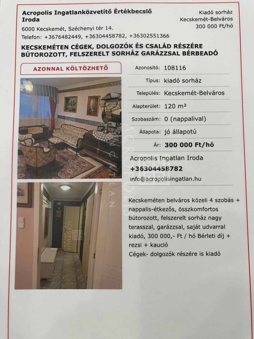 For rent terraced house, Kecskemét