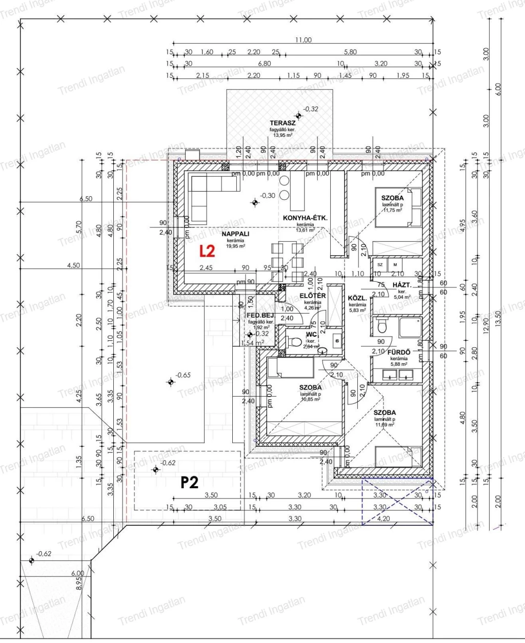 Nappali + 3 szobás ház