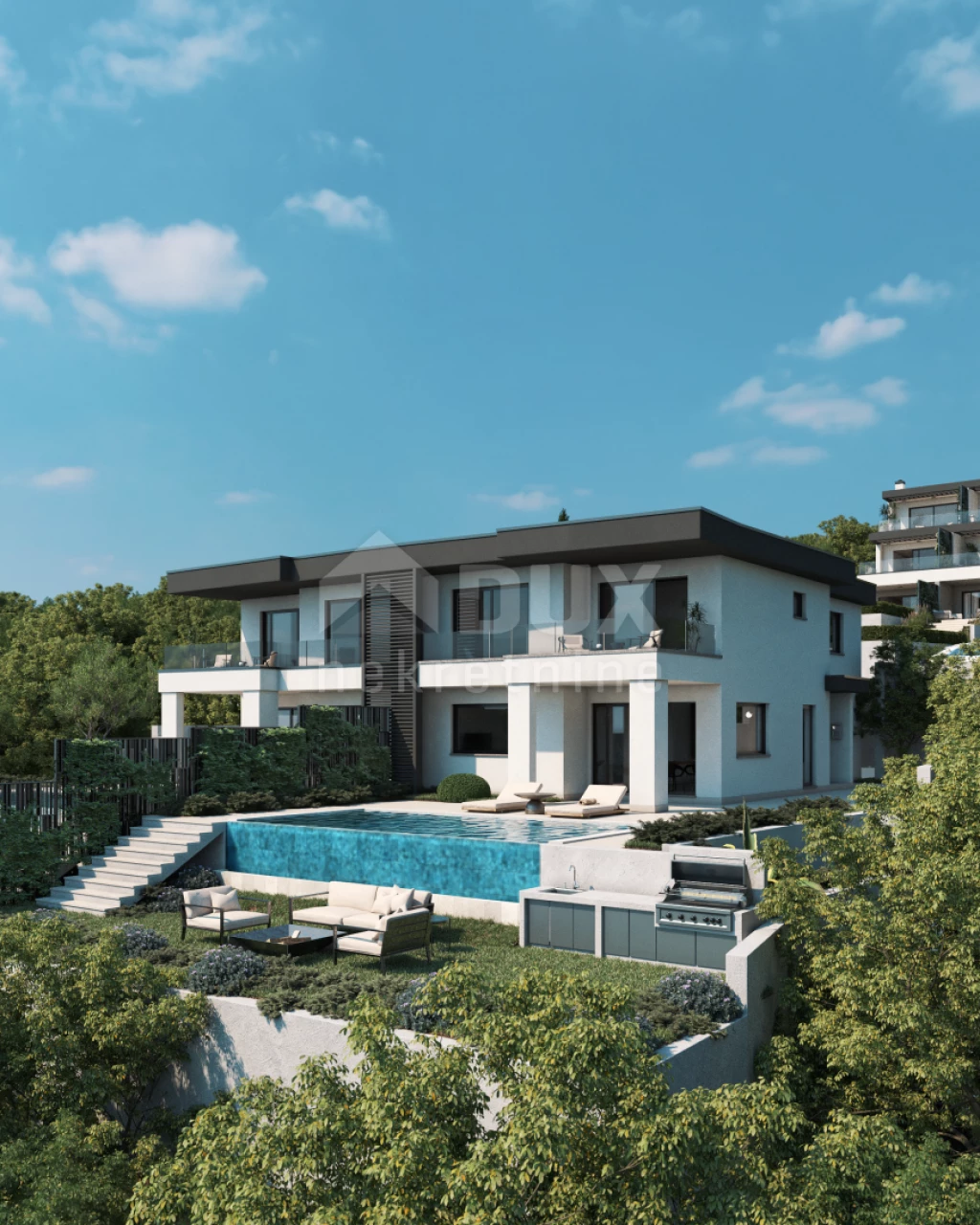 RIJEKA, KOSTRENA - exkluzív duplex villa végtelenített medencével, garázzsal, kerttel, panorámás kilátással a tengerre