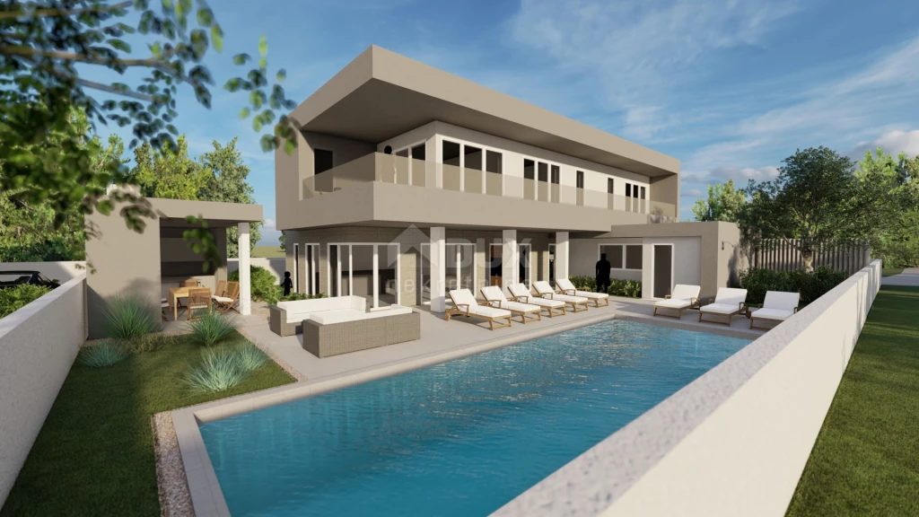 ZADAR, ZATON - Ideális építési telek Zatonban építési engedéllyel és egy modern villa medencés projektjével