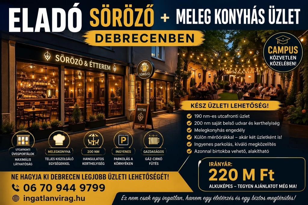 Eladó Vendéglátás, Debrecen Árpád tér 220.000.000 Ft